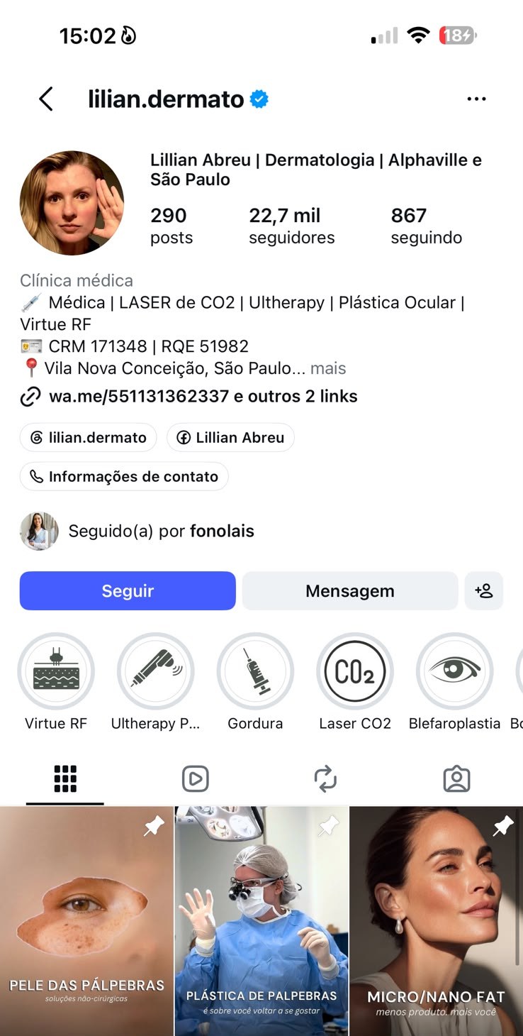 Perfil da Dra. Lillian no Instagram (@lilian.dermato)